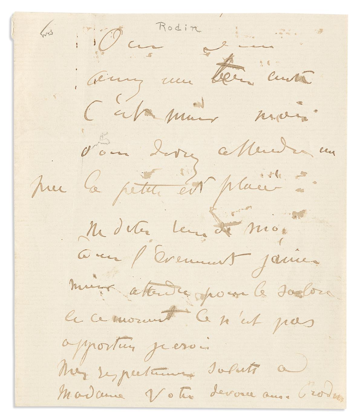 RODIN, AUGUSTE. Autograph Note Signed, Rodin, to an unnamed recipient (lacking salutation), in French,